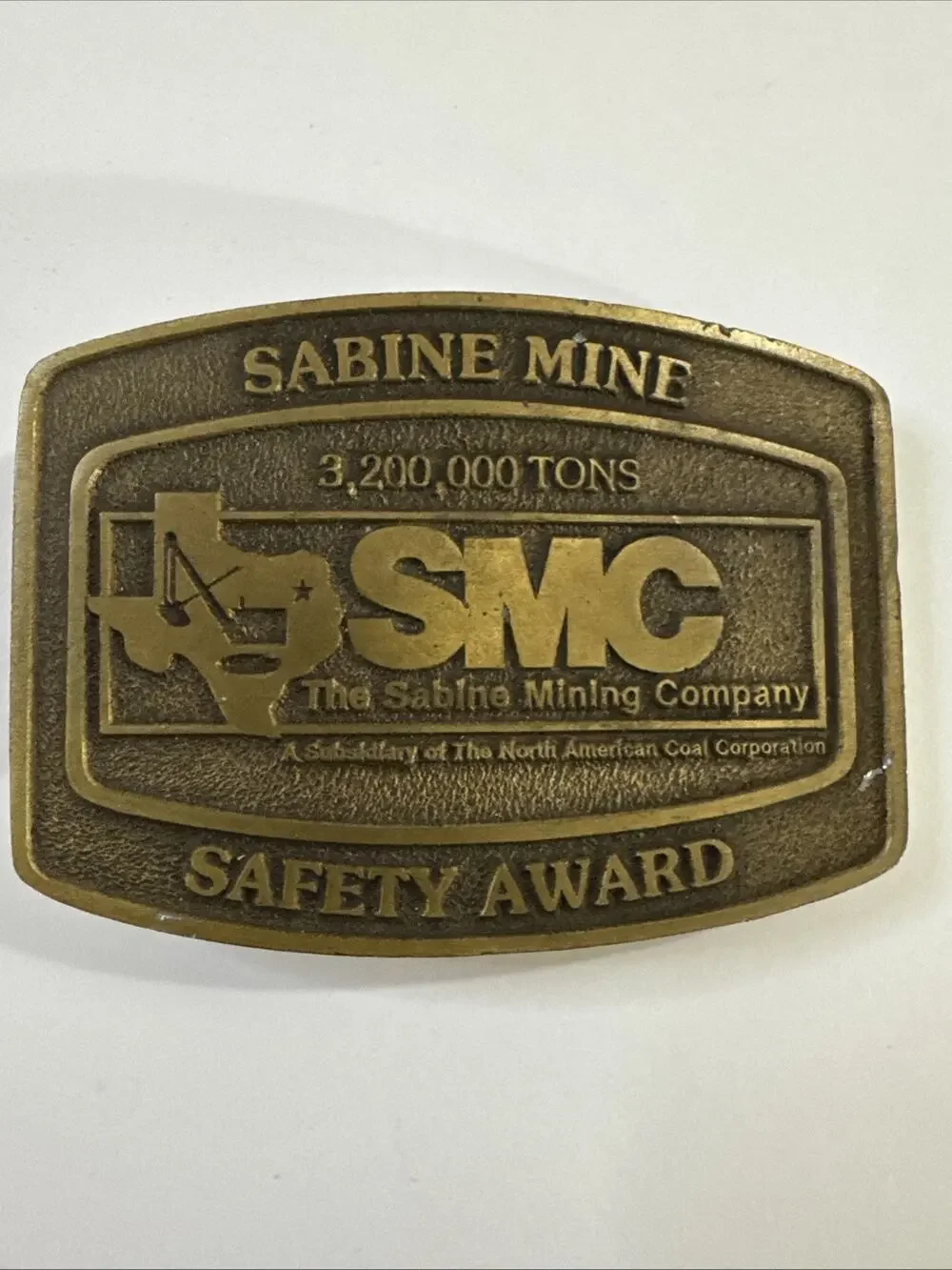 Vintage Sabine Mine Coal Mining Safety Award Belt Buckle SMC Texas Brass Tone